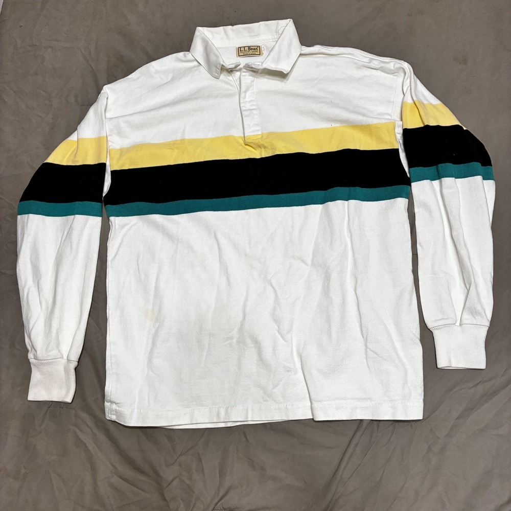 Vintage LL Bean Rugby Shirt Mens Large White Yellow Blue Striped Made in USA